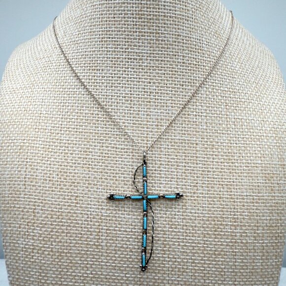 Sterling Silver Native American Petite Point Turquoise Cross Pendant Necklace - Picture 1 of 10
